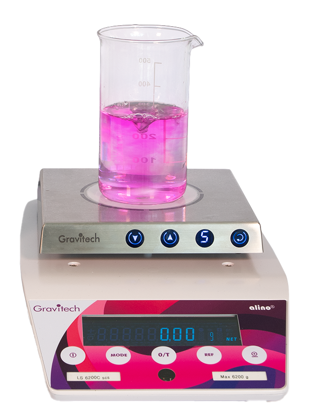 Abbildung der Rührwaage mit Becherglas in dem eine Lösung angemischt wird